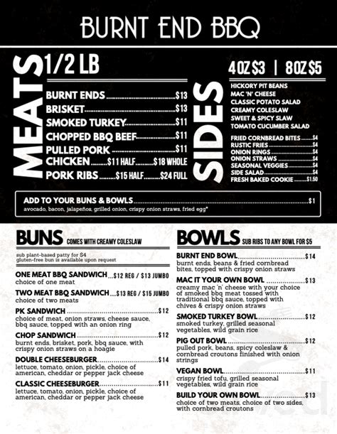 Burnt End BBQ in Crown Center menu in Kansas City, Missouri, USA