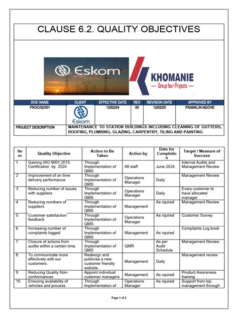 Image result for Quality Objectives Form Example