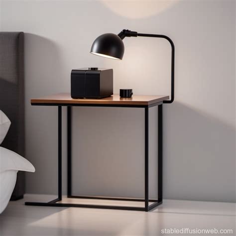 a lamp integrated into a matt black metal bedside table with a vintage ...
