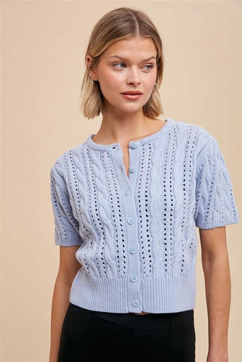 Powder Blue Cable Knit Puff Sleeve Cardigan – PinkBlush