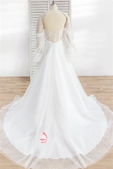 Sparkly Sexy Pleated Tulle Glitter White Wedding Dress - Lunss