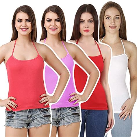 Buy Grab Offers Combo of 4 Cotton Solid Halter Neck Camisole Soft High ...