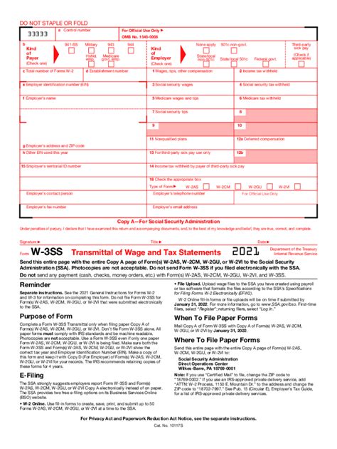 2021 Form IRS W-3SS Fill Online, Printable, Fillable, Blank - pdfFiller