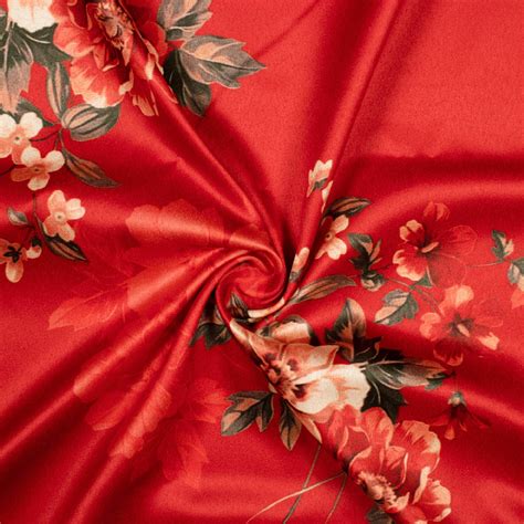 Sangria Red Floral Pattern Digital Print Charmeuse Satin Fabric (Width ...