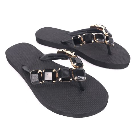 Ladies Flip Flops Slide Slippers For Women Diamond Chain Strap Flat ...