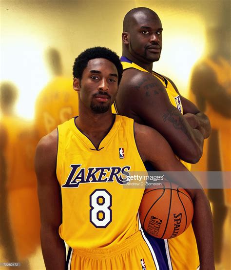 Kobe Bryant and Shaquille O'Neal of the Los Angeles Lakers pose for a ...