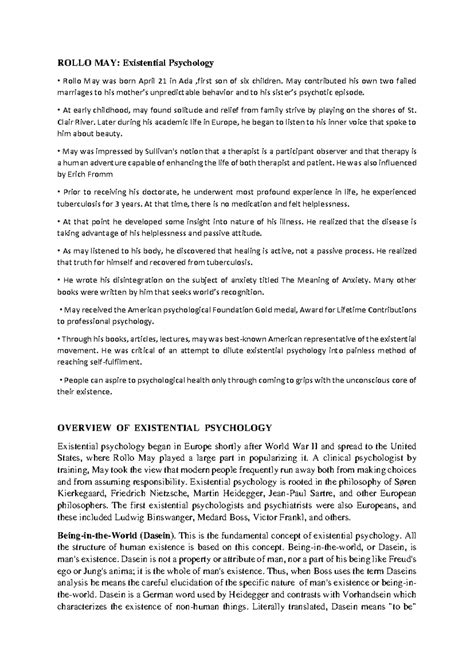 ROLLO MAY: Lecture Notes on Existential Psychology Concepts - Studocu