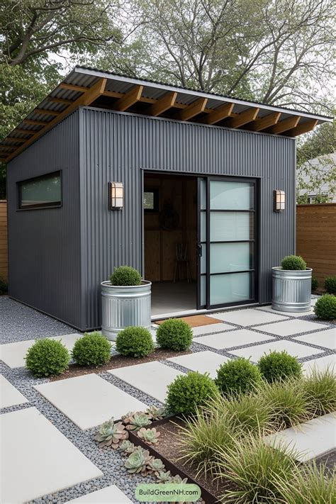 Sleek gray garden shed with modern accents. Here are our charming ...