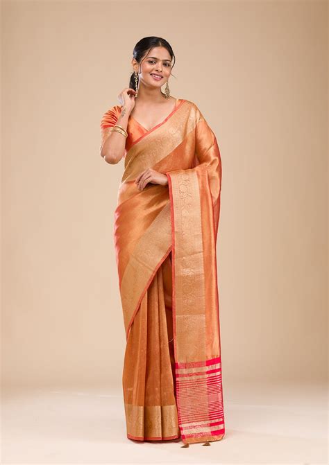 Buy Rust Zariwork Tissue Saree - Koskii