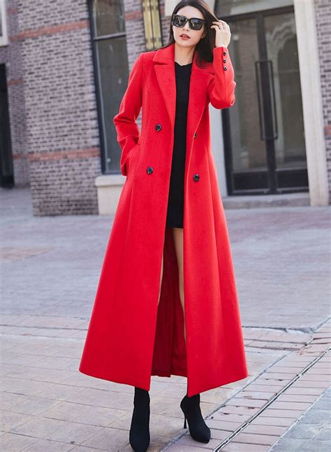 Red Wool Coat, Long Wool Coat, Double-breasted Wool Coat, Belted Wool ...