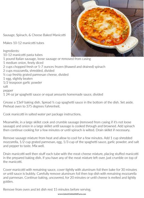 Sausage, Spinach, & Cheese Baked Manicotti | Life At Cobble Hill Farm
