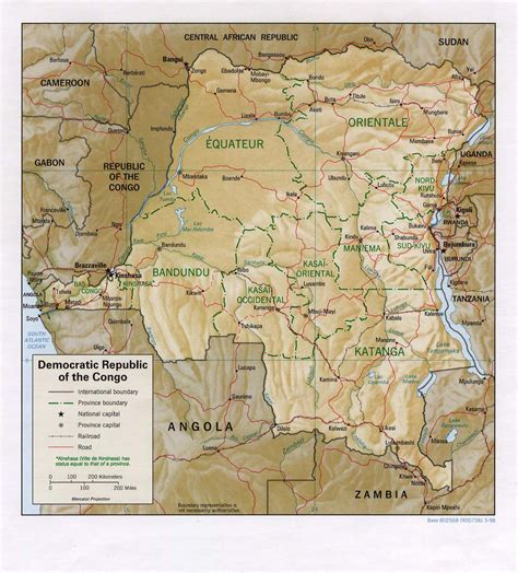 Detailed relief and political map of Congo Democratic Republic with roads, regions and cities ...