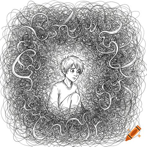Line drawing of a sad person surrounded by swirling, tangled lines ...