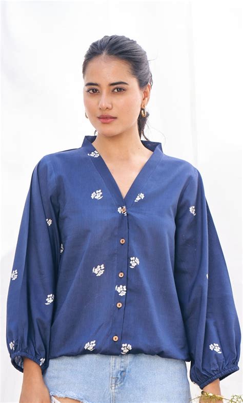 Breathable cotton top for summer - Sapphire Flower – Subhrekha