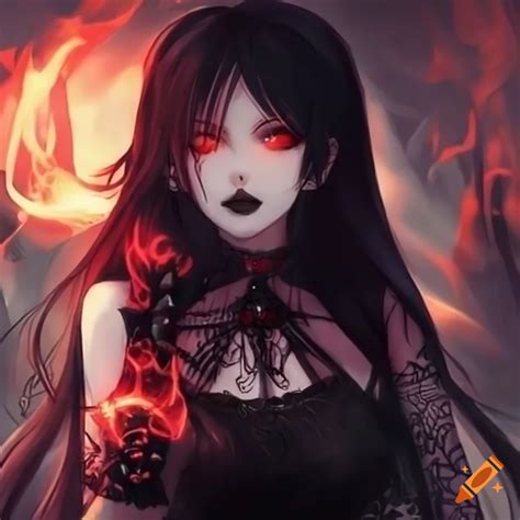 Gothic anime character with black hair and fiery eyes standing in a ...