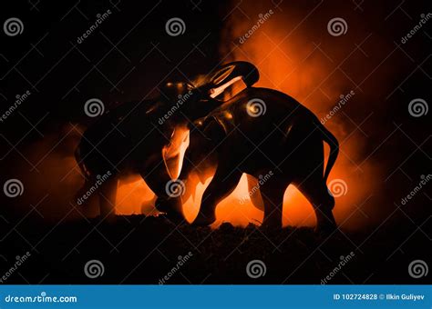 Battle of Elephants. Elephant Fighing Silhouettes on Fire Background or ...