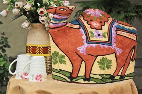 Camel style kashmiri hand embroidered tea cosy 12"