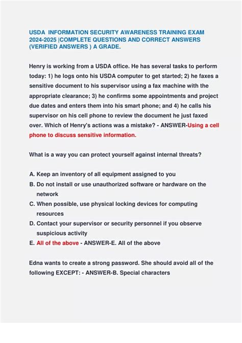 USDA INFORMATION SECURITY AWARENESS TRAINING EXAM |COMPLETE QUESTIONS ...
