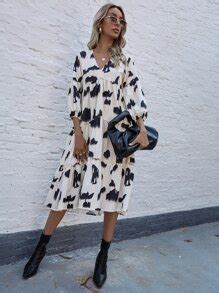 All Over Print V-neck Ruffle Hem Smock Dress | SHEIN USA