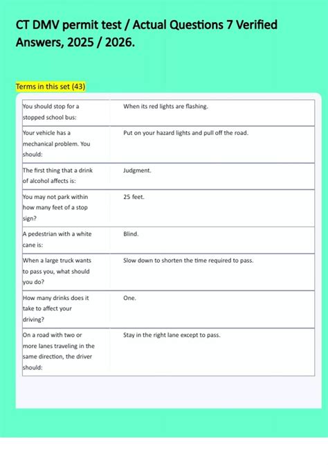 CT DMV permit test / Actual Questions 7 Verified Answers, 2025 / 2026 ...