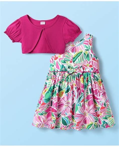 Babyhug Cotton Woven Frock & Half Sleeves Shrug With Floral Print & Bow ...