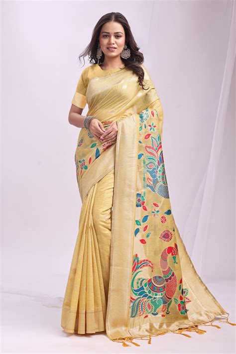 Buy Sun Yellow Woven Linen Cotton Saree Online - MySilkLove