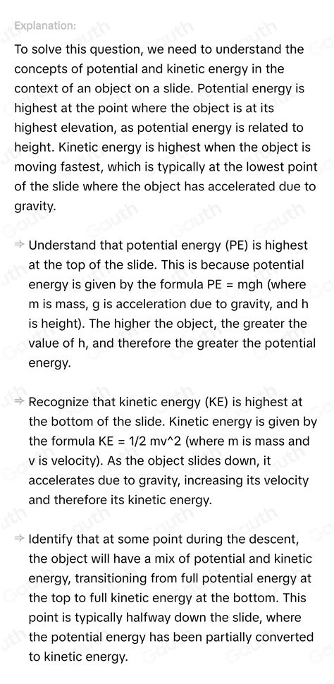 Solved: Each sentence describes potential and kinetic energy at various ...