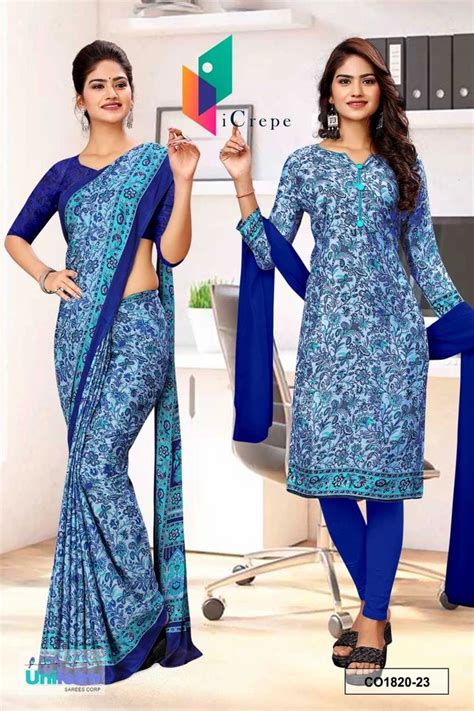 Uniform Saree Kurti Combo - Red and Golden Italian Crepe Uniform Saree ...