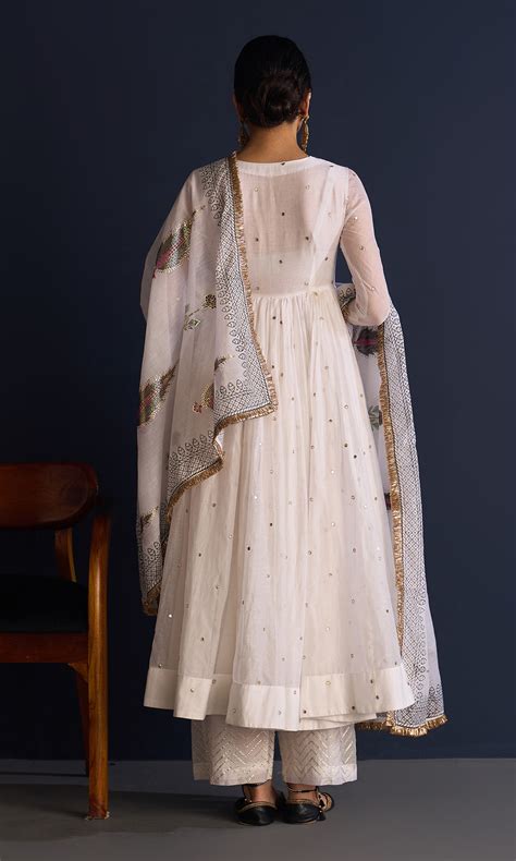 Rasiya White V-neck Anarkali With Palazzo And Foil Block Print Dupatta ...