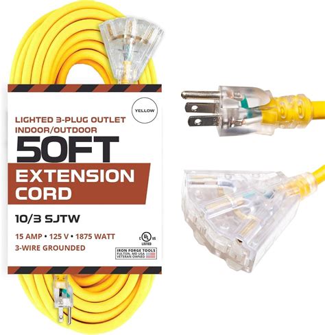Iron Forge 10 Gauge Extension Cord 50 ft with 3 Outlets, Weatherproof ...