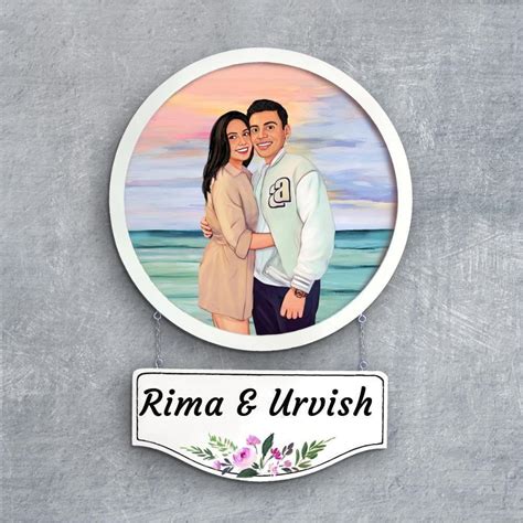 Photo Caricature Nameplate - Holiday Couple - Sunset Point – Housenama