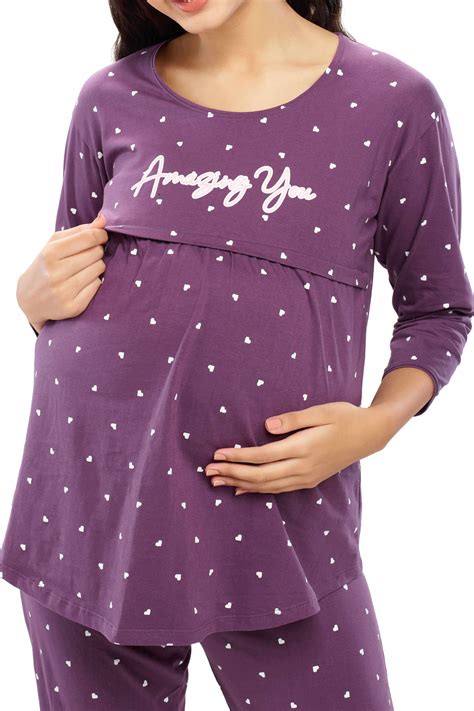 ZEYO Women Cotton Purple Heart Print Maternity & Feeding Night Suit