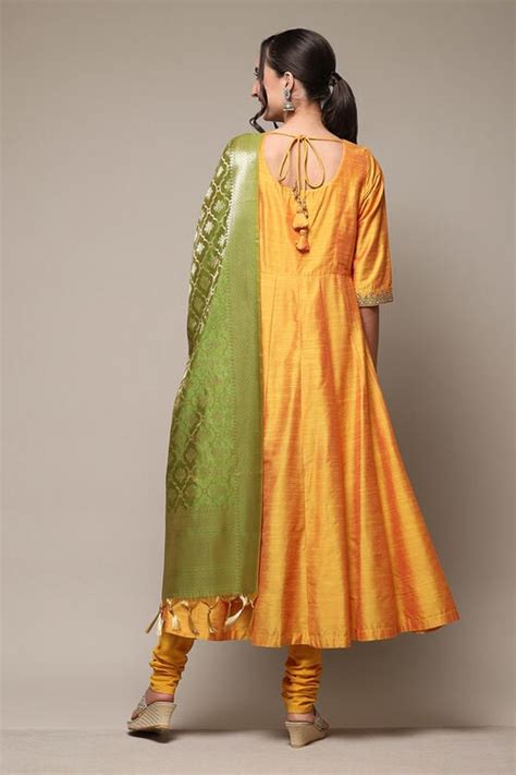 Mustard Poly Viscose Anarkali Yarndyed Kurta Churidar Suit Set