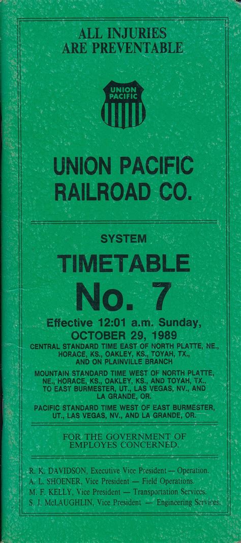 Union Pacific Railroad Employee System Timetable No. 7 October 29, 1989 ...