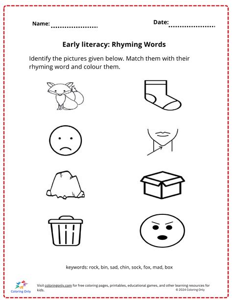 Early literacy: Rhyming Words Free Printable Worksheet