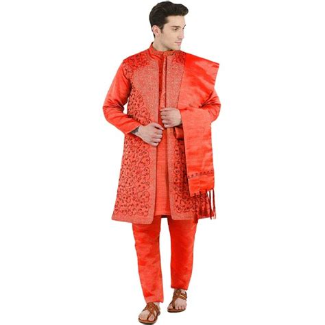 Men's Embroidered 4 Piece Kurta Pajama Sherwani Set