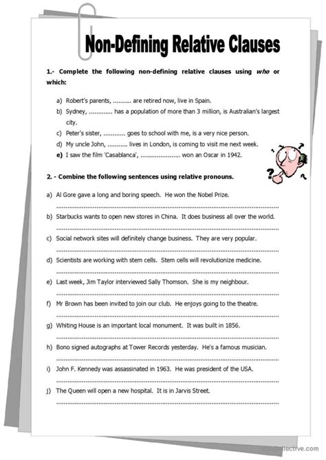 Defining and Non Defining Relative Clauses Worksheet 的图像结果