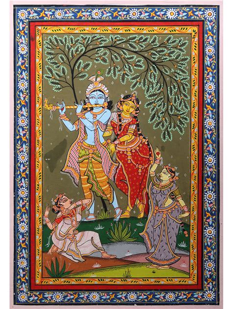 Divine Love Painting: Radha Krishna & Gopis Folk Art on Canvas