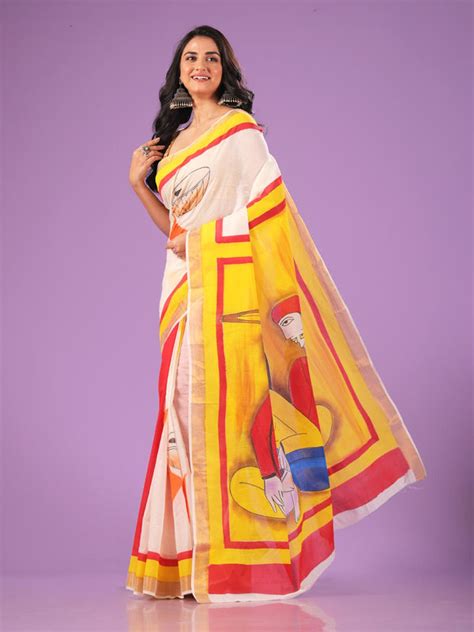 Buy Hand Painted Kerala Cotton Saree Online - AEVUM