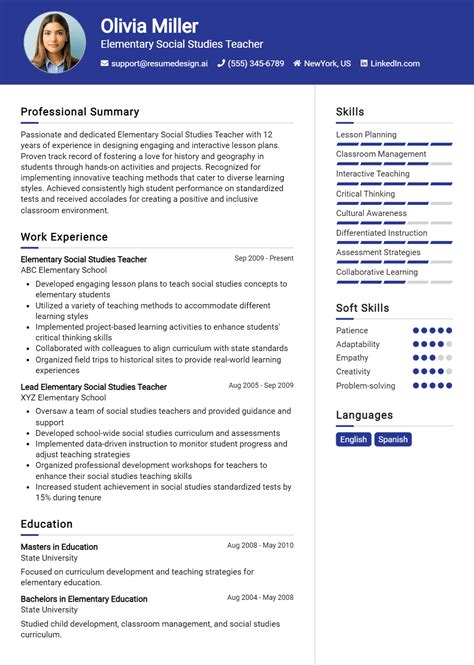 16 Elementary Social Studies Teacher Resume Examples And Templates for 2025 - ResumeDesign.ai