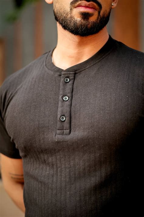 Black Cotton (Drop Needle) Self Design Henley T-Shirt – Gritstones