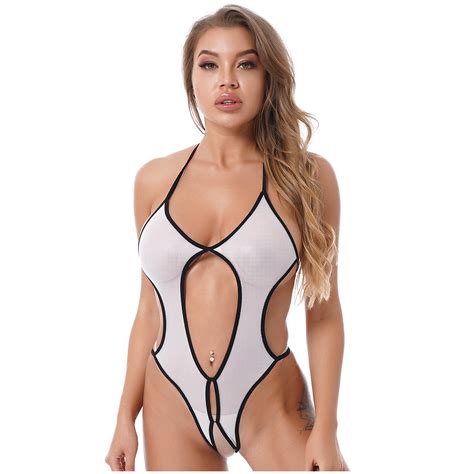 Womens Sexy Glossy Sheer Swimwear One Piece Bodysuit See Through ...