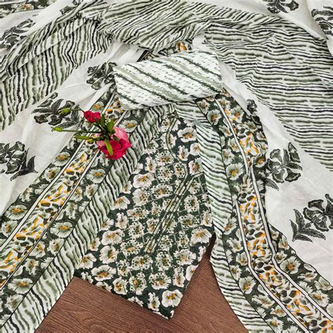 Green Printed With Embroidered Cotton Blend Dress Material
