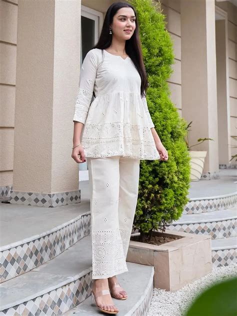 Buy Off-White Mirror Work Cotton A-Line Kurti With Palazzos Online at ...