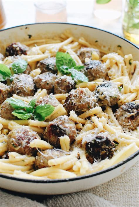 Pesto Turkey Meatballs with Pasta in a Creamy Basil Sauce - Bev Cooks
