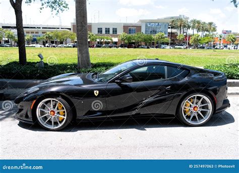 Miami Beach, Florida USA - April 15, 2021: Black Ferrari F12 Berlinetta Supercar, Side View ...