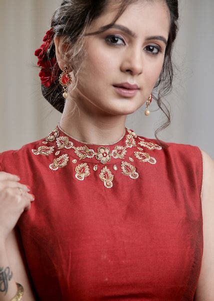 Maroon Cotton Silk Back Open Blouse with exclusive Zardosi Work around ...