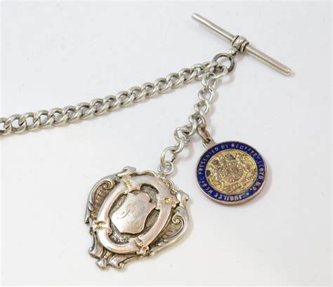 Antique Silver Watch Chain And Fobs