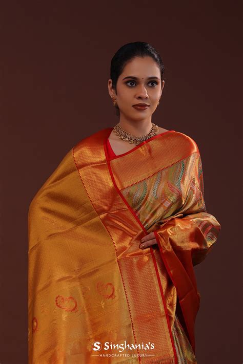 Orange Kanjivaram Tissue Saree With Leaf Patterns| Singhania's