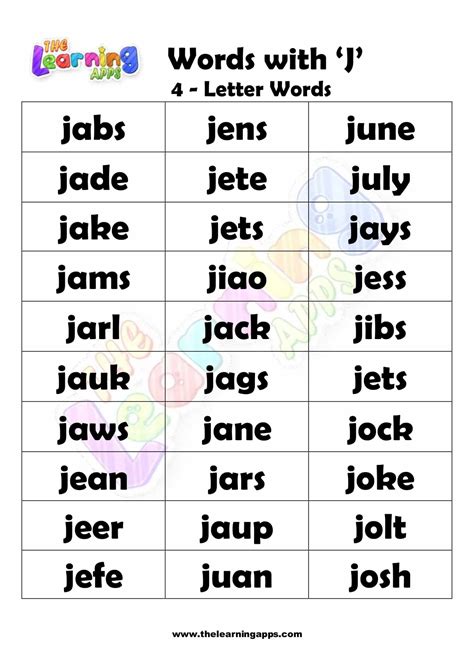 Download free printable 4 LETTER WORD STARTING WITH J